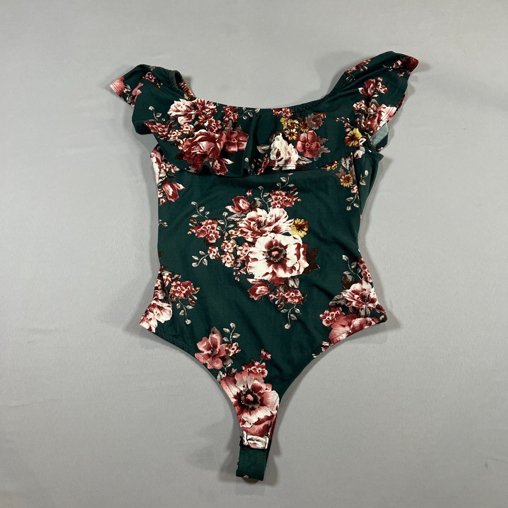 Iris Ruffled One Piece Bodysuit Women Large Green Floral Thong Snap Off Shoulder